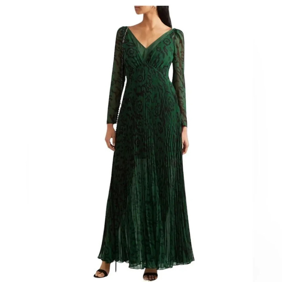 Self Portrait NEW Green Leopard Chiffon‎ Maxi Dress size 4 - Picture 3 of 6